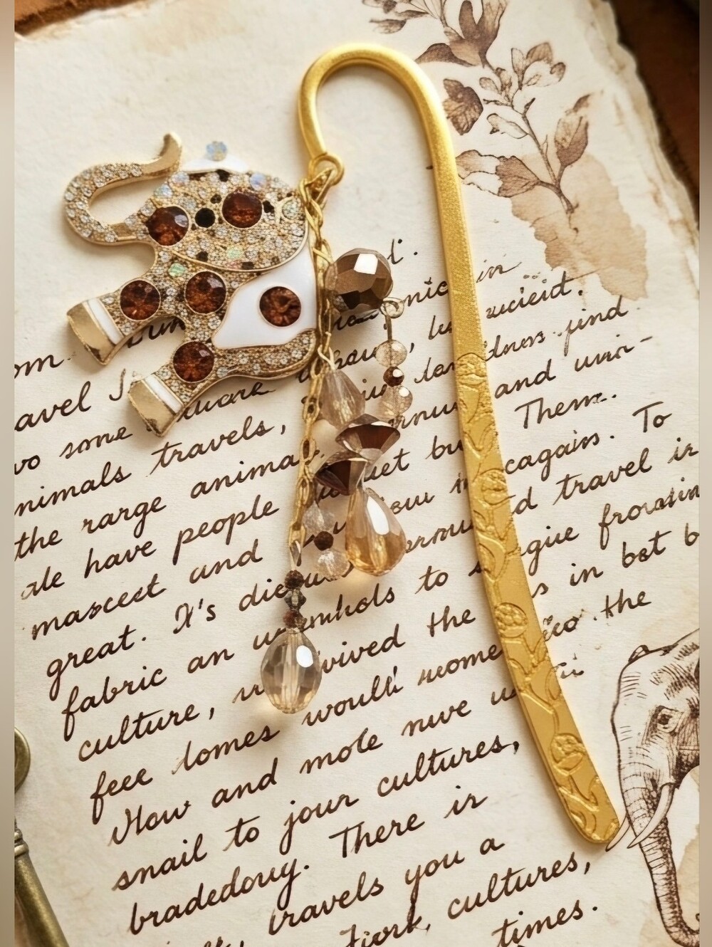 Gold Elephant Charm Bookmark with Brown Crystal Dangles
